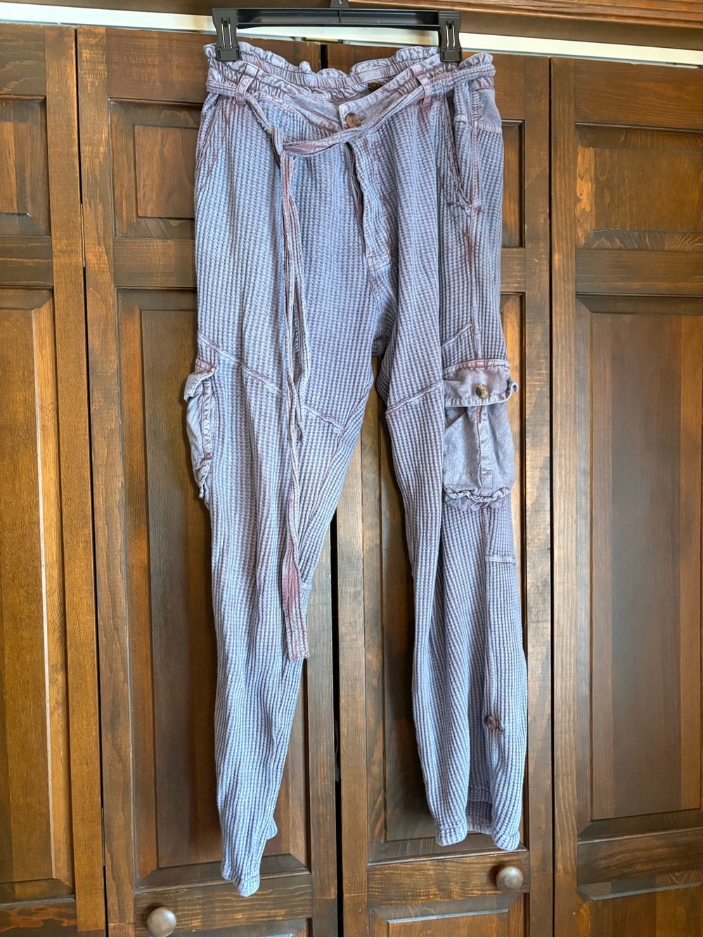 High-Rise Grey-Blue Cargo Waffle Knit Trousers with Drawstring